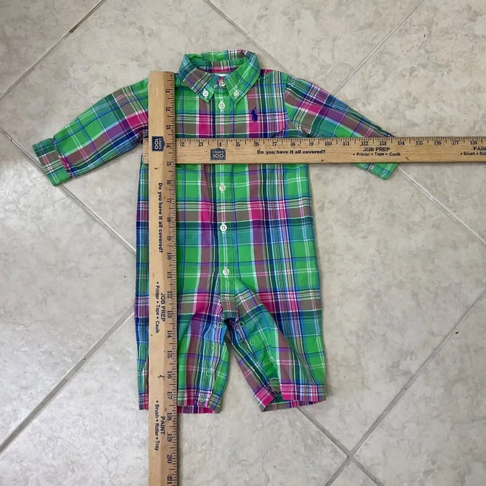 Ralph Lauren Baby Plaid  Jumpsuit 3 Months green spring Easter Snap Button pony